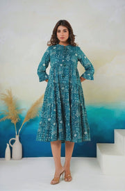 Aaronee Teal Blue Printed Cotton Midi Dress for Women
