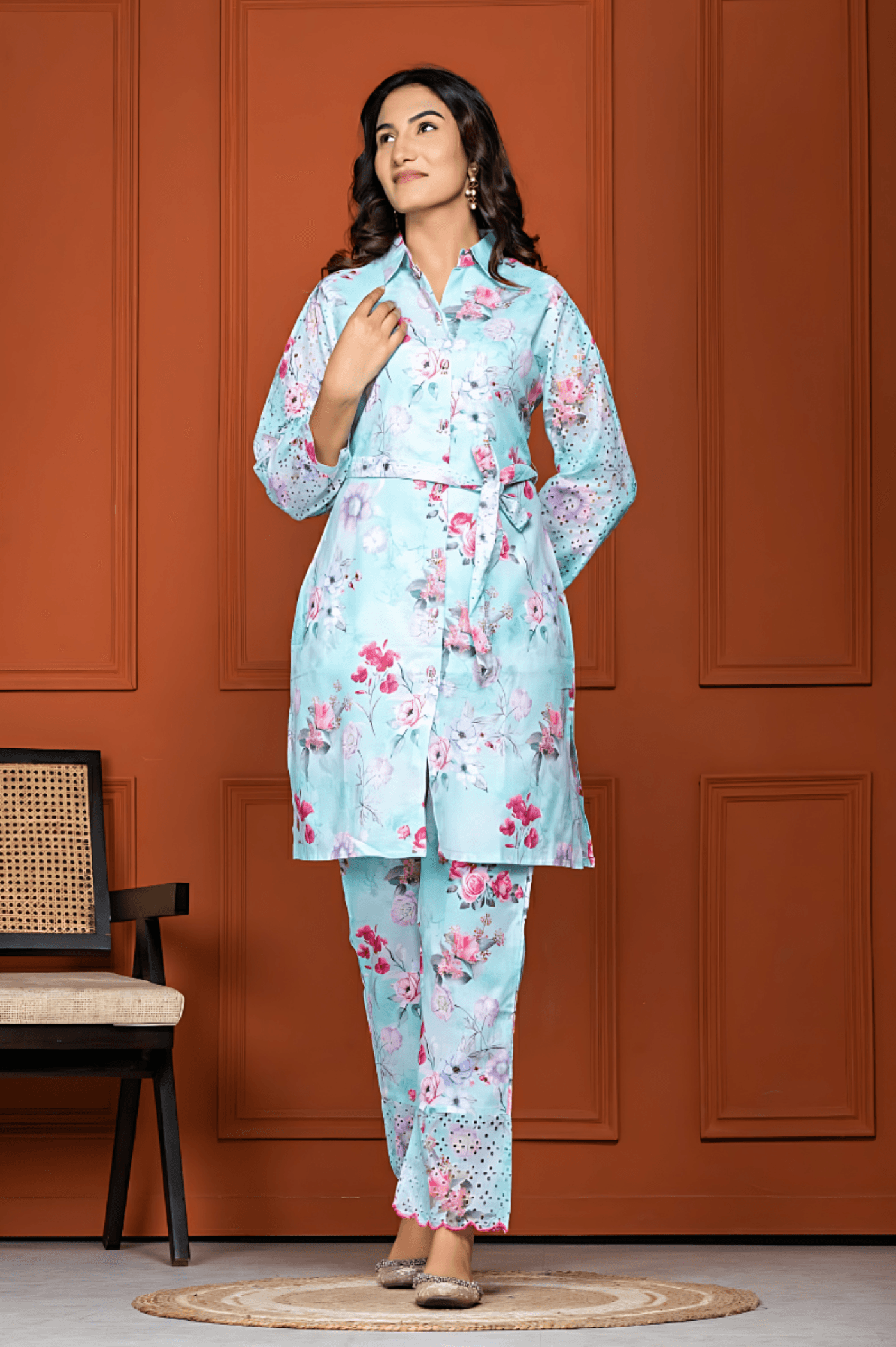 Indo-Western Light Blue Cord Set for Women | Aaronee